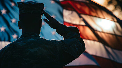 Silhouette of a saluting figure against a backdrop of the American flag. USA national freedom day