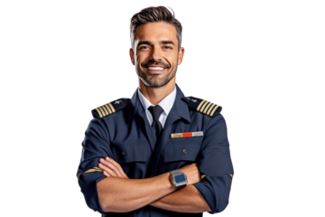 A confident male pilot in uniform keeping arms crossed and smiling while standing isolated on a transparent background.
