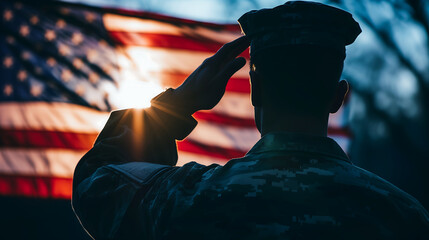 Silhouette of a saluting figure against a backdrop of the American flag. USA national freedom day