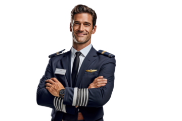 A confident male pilot in uniform keeping arms crossed and smiling while standing isolated on a transparent background.