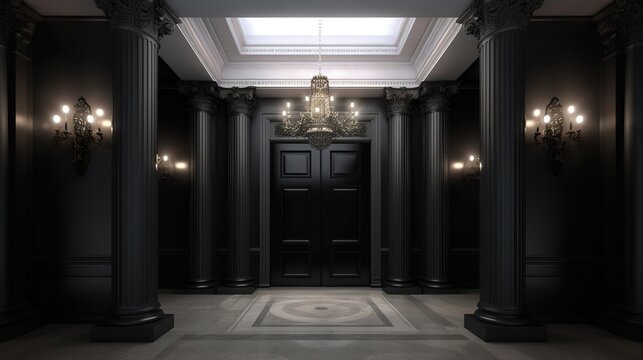 luxury interior room with dark walls, classic and majestic style, decorated with chandelier. Classic European building concept that is majestic. 3d rendering	