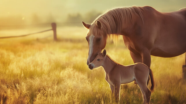 Cavalo bege e seu filhote no campo