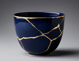 Kintsugi-Inspired Dark Blue Cup Shining Against a White Canvas