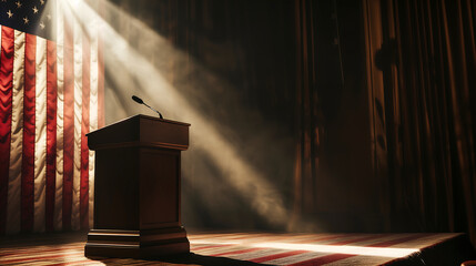 A podium draped with the American flag, with a single beam of light. National freedom day concept