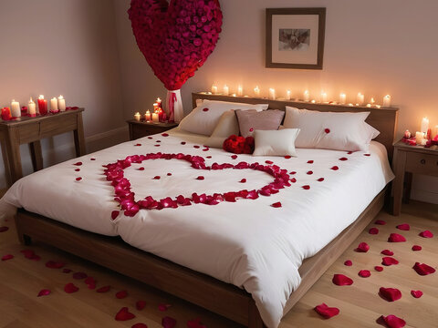 Bedroom with a double bed that is decorated with rose petals and candles