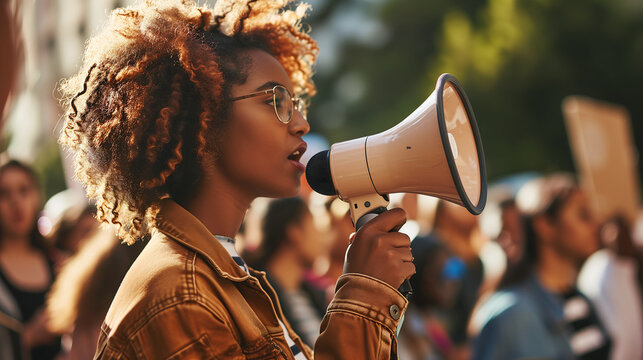 A person engaged in public speaking holding microphones, advocating for social justice and equality