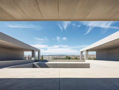 A minimalistic architectural design with clean lines, concrete walls, and open space, under a clear sky.