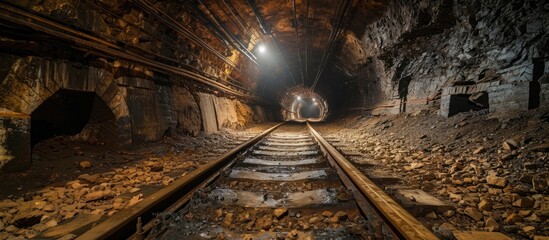 Naklejka premium Silesian underground mine with coal and rail tracks.