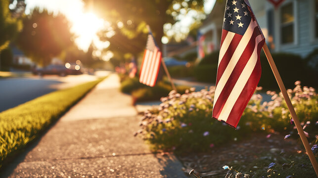 American flags lining the sidewalks, celebrating USA national freedom day