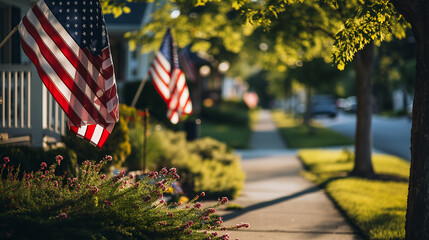 American flags lining the sidewalks, celebrating USA national freedom day - obrazy, fototapety, plakaty