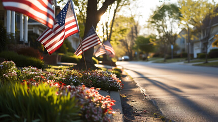 American flags lining the sidewalks, celebrating USA national freedom day