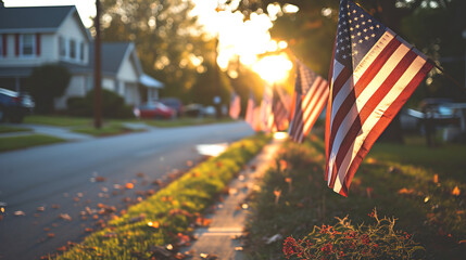 American flags lining the sidewalks, celebrating USA national freedom day
