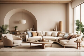 Japandi interior home design of modern living room with curved beige sofa and wooden furniture with houseplants and fireplace against beige wall