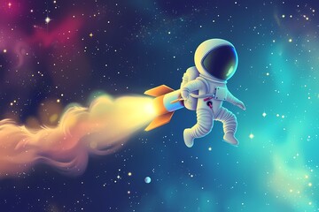 cute astronaut flying with rocket in space cartoon train