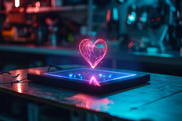 A holographic of a love projected by a mini device on a desk - obrazy, fototapety, plakaty