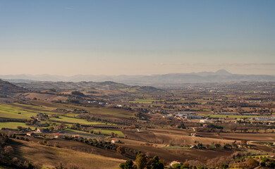Marche. Spectacular winter landscape of the Marche hills. View from Potenza Picena