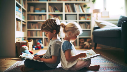 Brother and sister reading picture books together sitting back to back. Reading together gives siblings something fun to do and it also reinforces their bonds of love. - obrazy, fototapety, plakaty