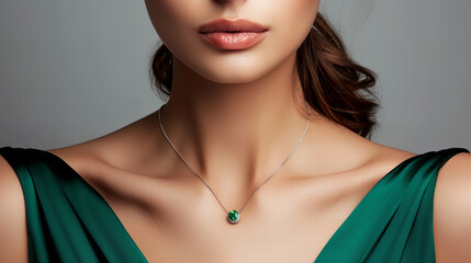 sensual model wearing a delicate necklace with an emerald, green pendant, closeup isolated on grey background - obrazy, fototapety, plakaty