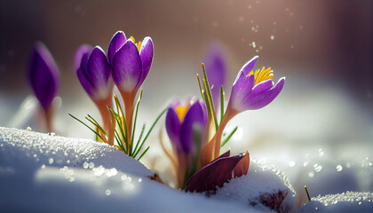 Purple crocus flowers grow in the snow. Spring concept. Wall decoration.
