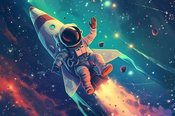 cute astronaut riding a rocket in space with waving arms - Powered by Adobe