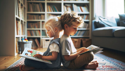 Brother and sister reading picture books together sitting back to back. Reading together gives siblings something fun to do and it also reinforces their bonds of love. - Powered by Adobe