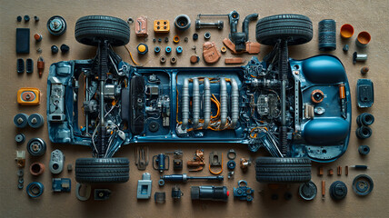 An AI generative image flatlay electric car component been disassemble at workshop.