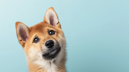 Adorable shiba puppy with curious questioning face isolated on light blue background with copy space. - obrazy, fototapety, plakaty