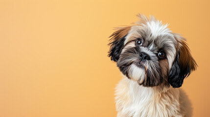 Adorable Shih Tzu puppy with curious questioning face isolated on light orange background with copy space. - obrazy, fototapety, plakaty
