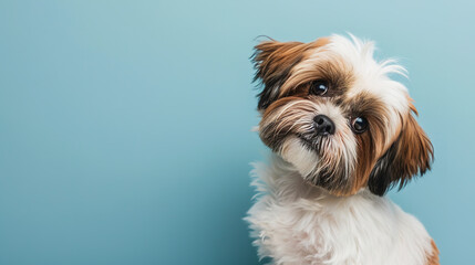 Adorable Shih Tzu puppy with curious questioning face isolated on light blue background with copy space.