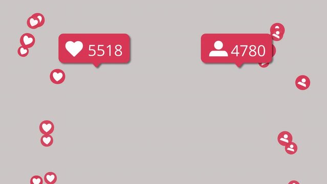 Social media likes and followers notification counter increasing. Social media likes and followers moving randomly, flying or floating on a alpha channel background.