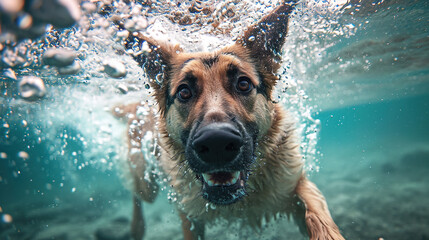 Funny underwater photo of german shepherd dog swimming. - obrazy, fototapety, plakaty