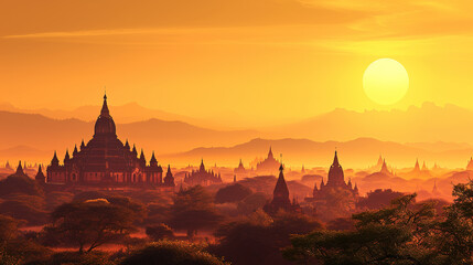 Scenic view of Bagan in Myanmar during sunrise in landscape comic style. - obrazy, fototapety, plakaty