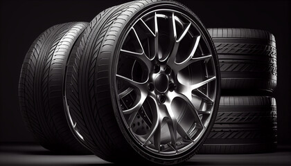 A stack of new car wheels with aluminum rims on a black background. AI generative.