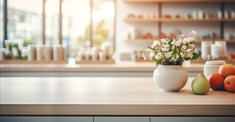 Kitchen table for displaying products with blurred modern interior, horizontal background
