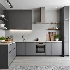 Modern kitchen interior in gray and white tones with storage box led lighting generative ai