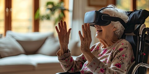 Fototapeta na wymiar Adult woman smiling with virtual reality VR headset at home embracing technology and futuristic fun elderly enjoying entertainment indoors happy senior with modern device retired lifestyle