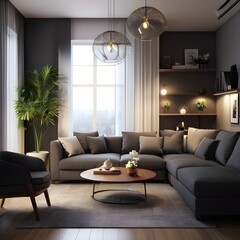 3D render of a modern interior in gray tones with large windows and soft interior lighting. generative ai