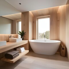 Fototapeta na wymiar Modern style wooden interior bathroom with large white bathtub by the window generative ai