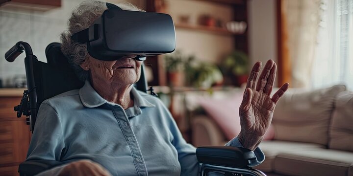 Adult woman smiling with virtual reality VR headset at home embracing technology and futuristic fun elderly enjoying entertainment indoors happy senior with modern device retired lifestyle