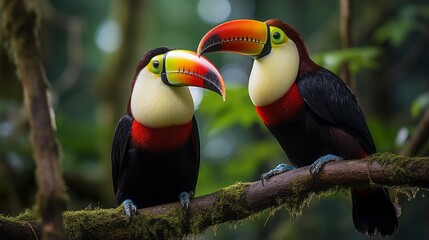 Fototapeta premium Toucan sitting on the branch in the forest, green vegetation