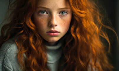 Fototapeta premium Captivating portrait of a young girl with vibrant red curly hair and delicate freckles, her green eyes gazing with an ethereal intensity