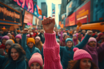 Raised fist of a woman at a feminist demonstration, Women's Day, fight for rights and equality of a crowd in the streets - obrazy, fototapety, plakaty