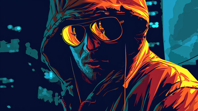 cool looking thief in colorful comic illustration style.