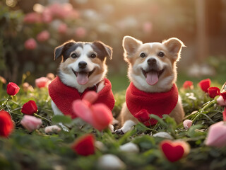 Couple Cute dog sitting with roses on Valentine's Day on a natural background.