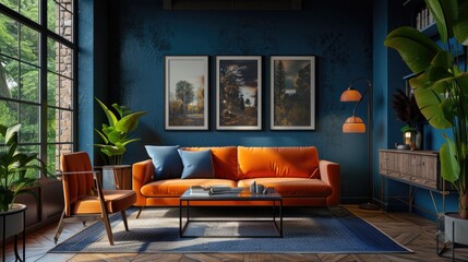 Modern Living Room Design with Dark Blue Walls and Bold Orange Furniture