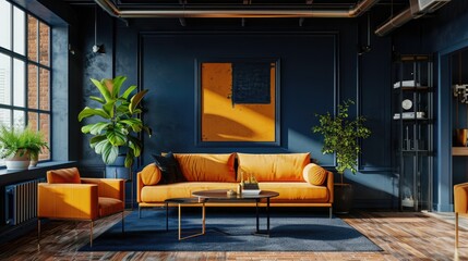 Fototapeta na wymiar Modern Living Room Interior with Dark Blue Walls and Vibrant Orange Furniture