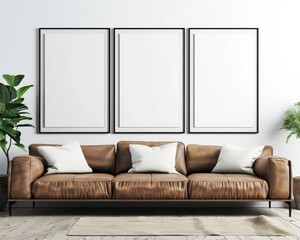 Elegant Sparse White Wall Posters on Leather Sofa