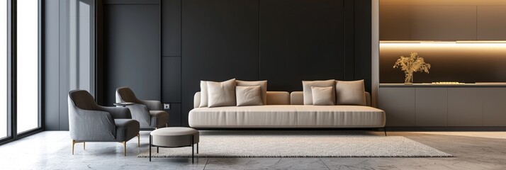 Modern Living Room Interior Design with Beige Sofa and Grey Armchairs, Black Wall Mockup in 3D Rendering