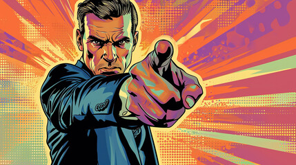 cool looking angry businessman pointing finger toward camera in colorful comic illustration style.