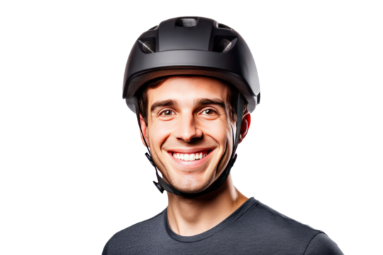 A happy young man wearing bicycle helmet isolated on a transparent background.